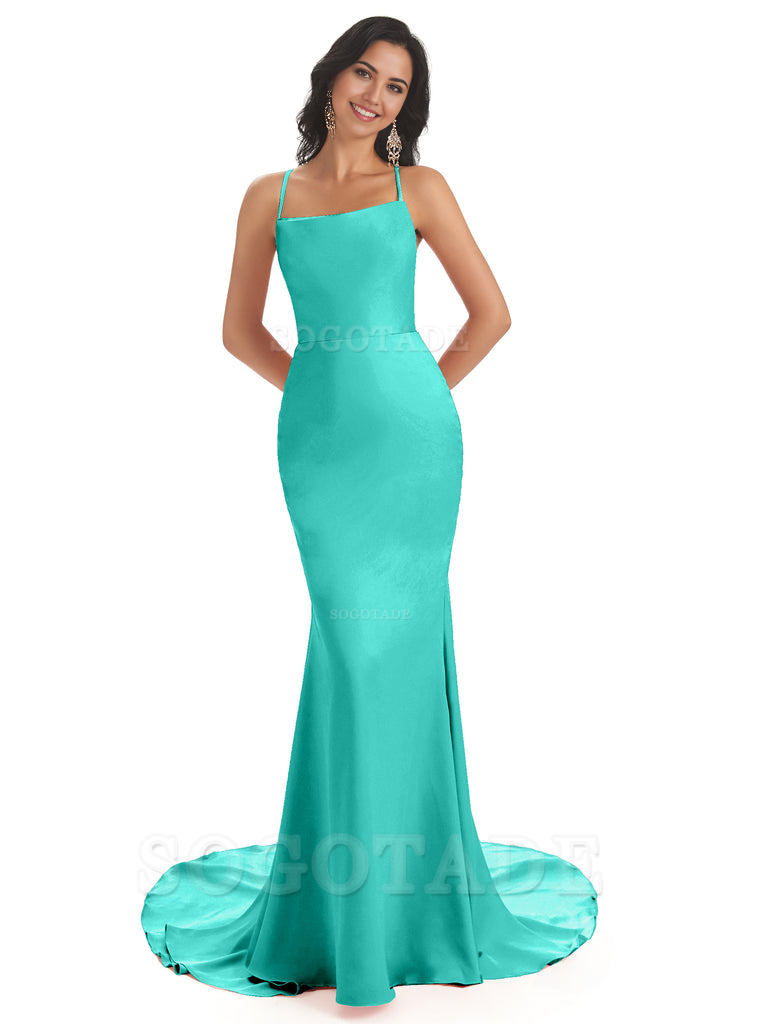 Mermaid Spaghetti Backless Straps Satin Long formal dresses evening gown Bridesmaid Dresses