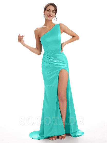 Sexy Soft Satin Side Slit One Shoulder Long Mermaid Bridesmaid Dresses Online prom shop dresses ﻿