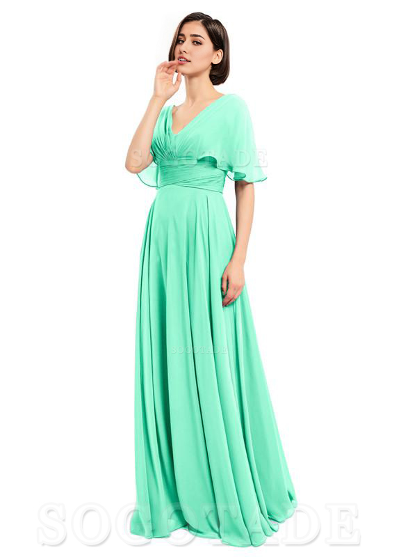  V-Neck Cap Sleeves Sleeves Chiffon Long Elegant Bridesmaid Dresses Formal Wear Dresses