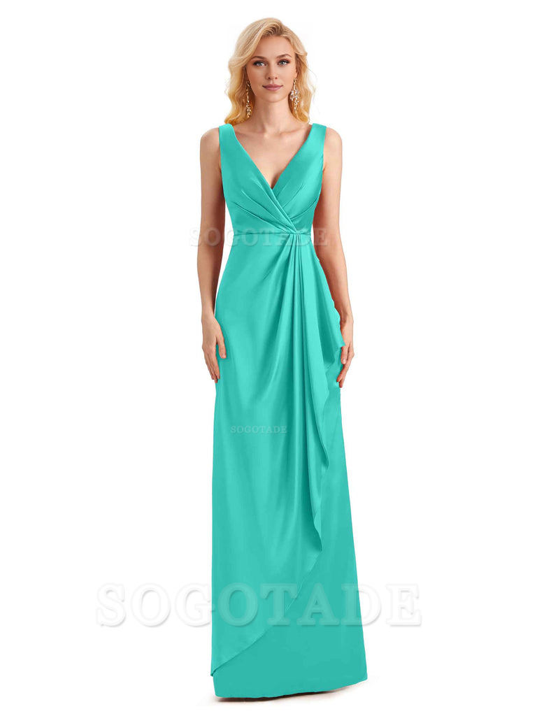V Neck Elegant Soft Satin Formal Long Maid Bridesmaid Dresses Formal Wear Dresses