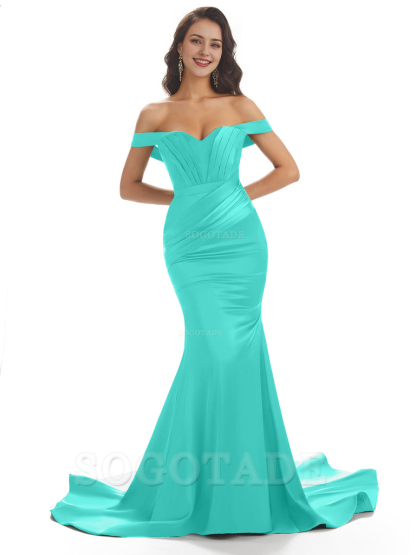 Sexy Mermaid Off The Shoulder Floor-Length Long Soft Satin Bridesmaid Dresses Online prom shop dresses