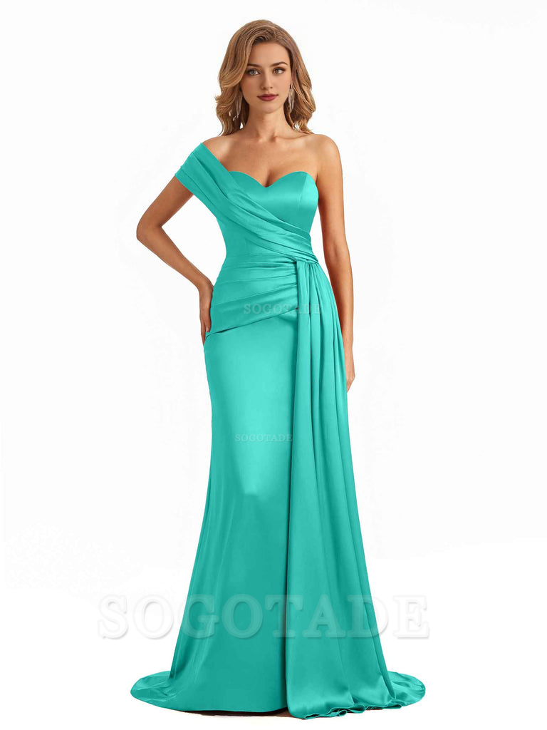 Elegant One Shoulder Soft Satin Long Mermaid Bridesmaid Dresses Online prom shop dresses ﻿