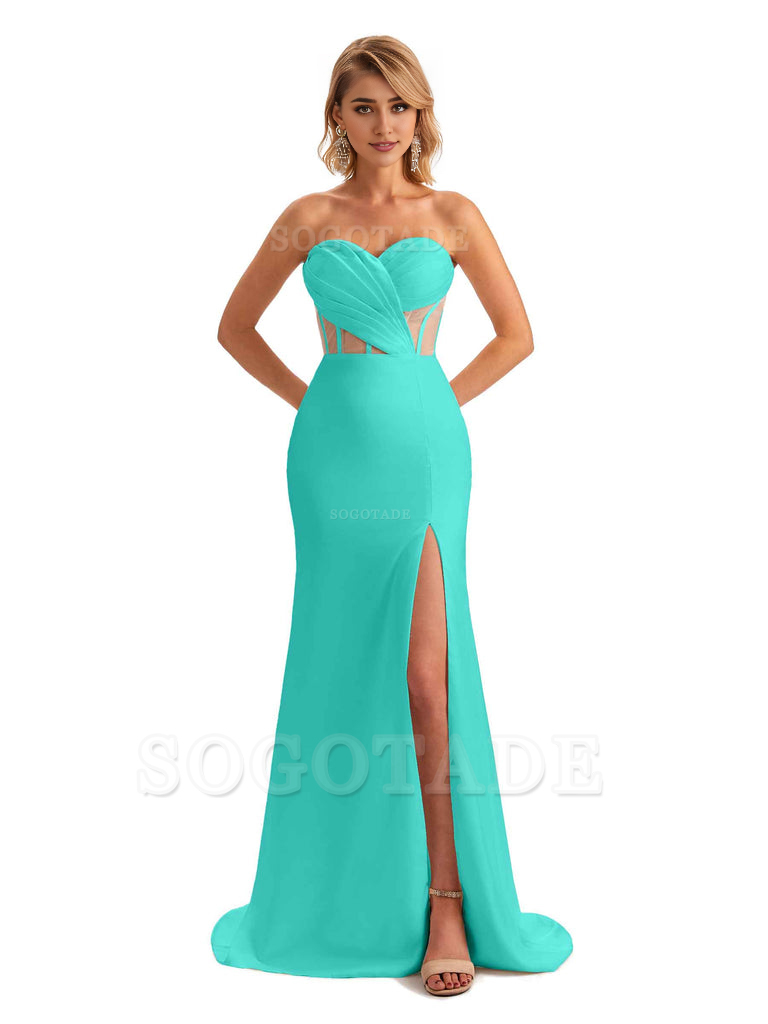 Sexy Sweetheart Strapless Side Slit Mermaid Soft Satin Unique Long Bridesmaid Dress For Wedding