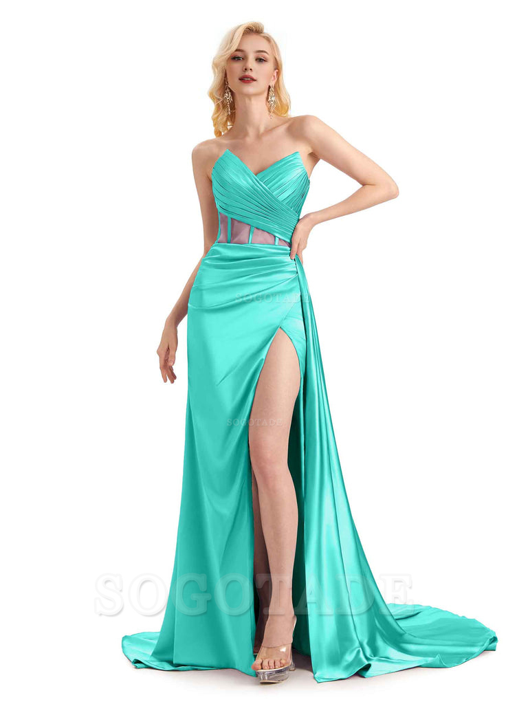 Sexy Soft Satin Side Slit See Through Floor-Length Long Mermaid Bridesmaid Dresses prom shop dresses