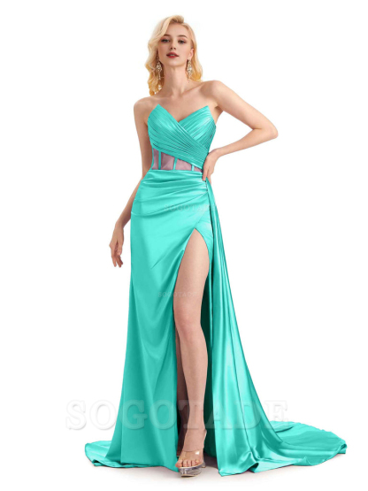 Sexy Soft Satin Side Slit See Through Floor-Length Long Mermaid Bridesmaid Dresses prom shop dresses