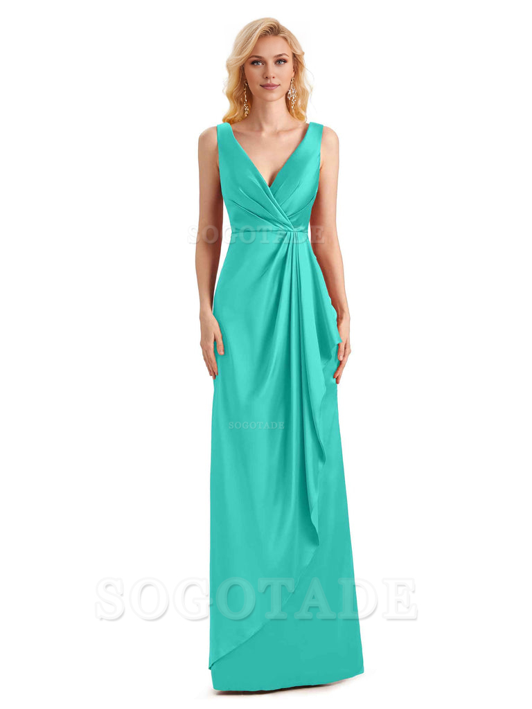 V Neck Elegant Soft Satin Formal Long Maid Bridesmaid Dresses Formal Wear Dresses