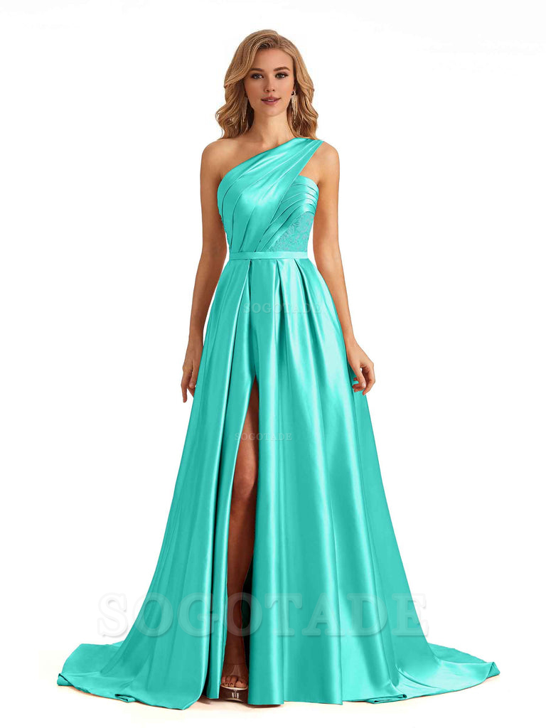 Sexy Side Slit One Shoulder A-Line Soft Satin Long Bridesmaid Dresses Online prom dress in store