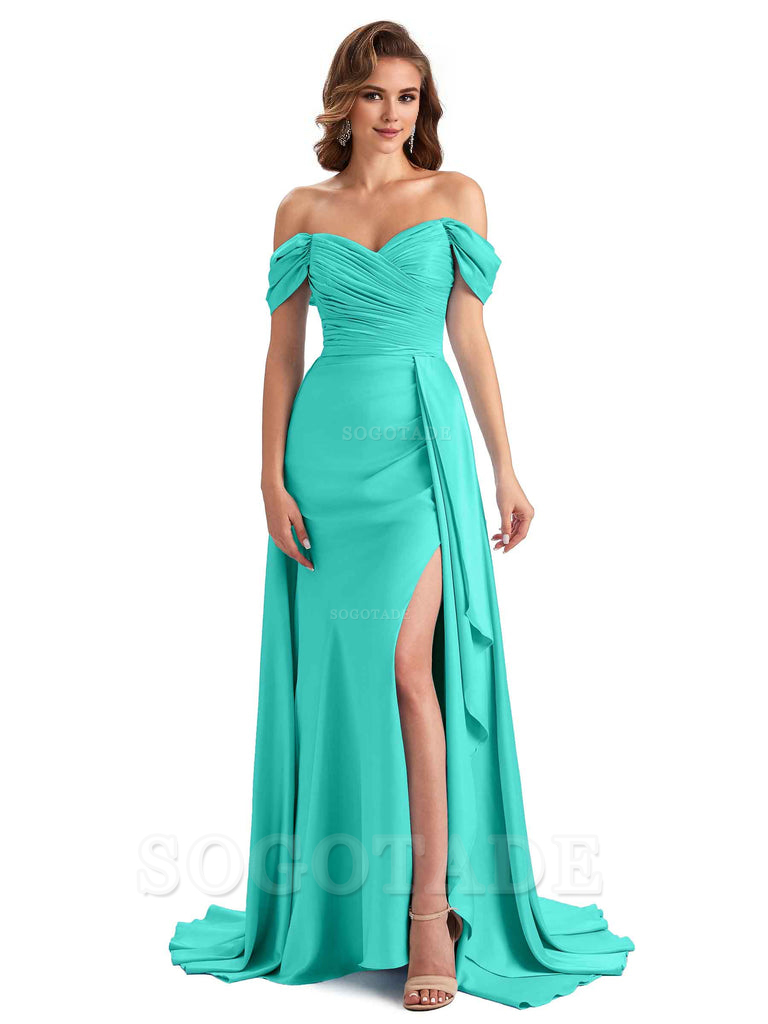 Sexy Side Slit Mermaid Soft Satin Off The Shoulder Long Unique Bridesmaid Dresses prom dress in store