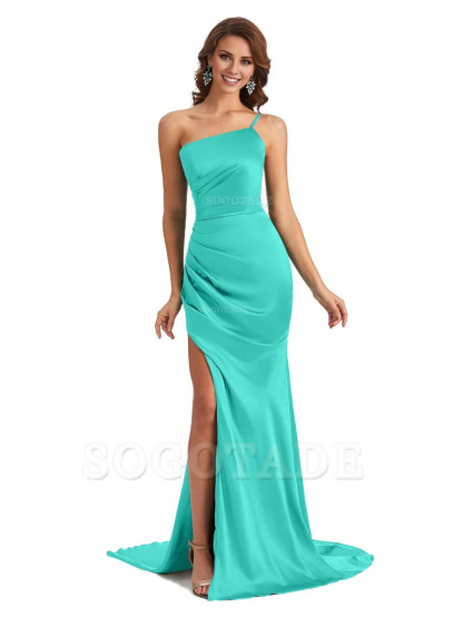 Sexy Silky Satin Side Slit One Shoulder Unique Long Wedding Guest Maxi Dresses