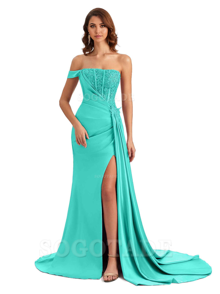 Mermaid Off Shoulder Applique formal dresses evening gown Bridesmaid Dresses With Side Slit 