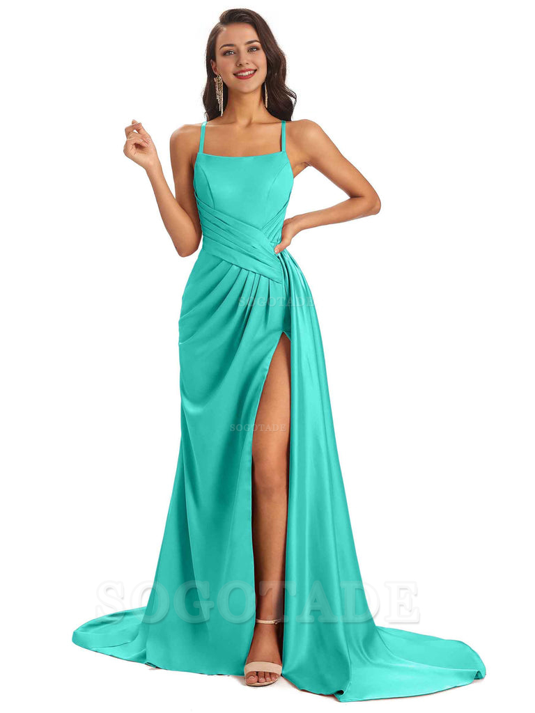 Sexy Soft Satin Side Slit Spaghetti Straps Long Maxi Bridesmaid Dresses prom shop dresses