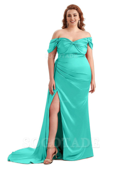  Sexy Side Slit Off The Shoulder Mermaid Soft Satin Long Plus Size Bridesmaid Dress For Wedding