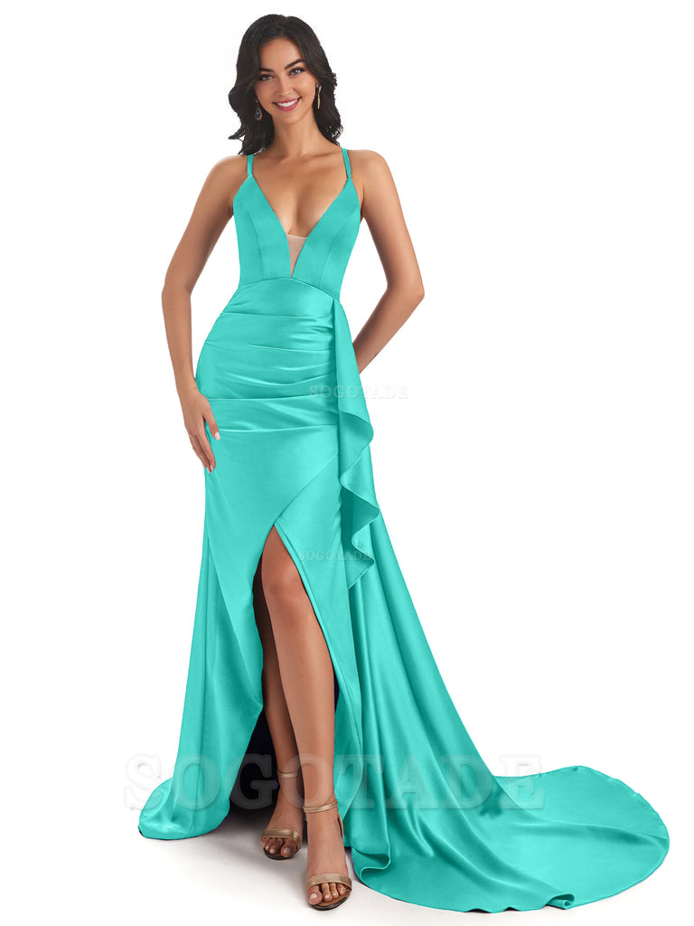 Sexy Spaghetti Straps Soft Satin Side Slit Pleats Unique Mermaid Bridesmaid Dresses prom shop dresses ﻿
