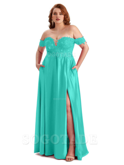 Off Shoulder Side Slit Lace Soft Satin Long Plus Size Bridesmaid Dresses For Wedding