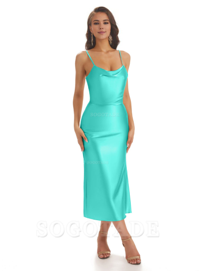 Sexy Soft Satin Spaghetti Strap Tea-Length Midi Short Bridesmaid Dresses prom shop dresses