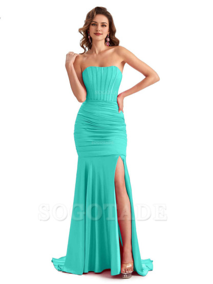 Sexy Strapless Side Slit Mermaid Silky Satin Formal Bridesmaid Dresses
