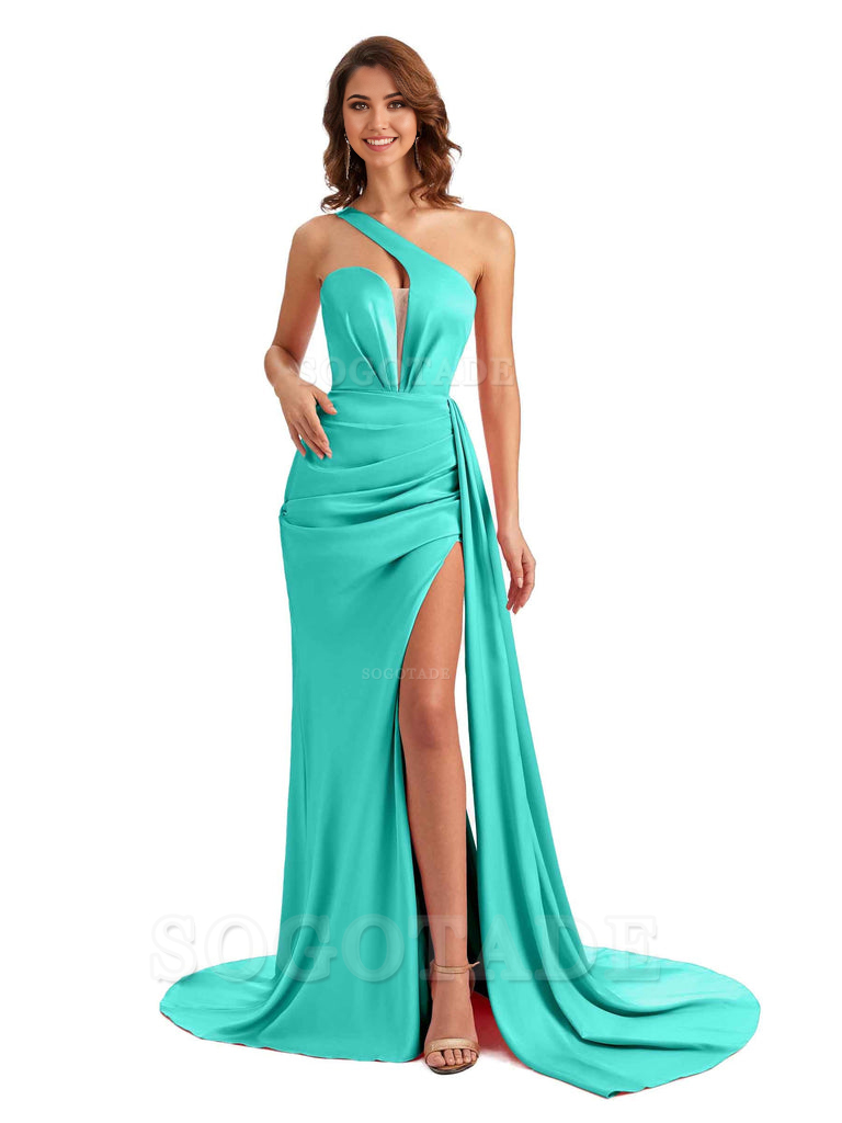 Mermaid One Shoulder Satin formal dresses evening gown Bridesmaid Dresses With Side Slit