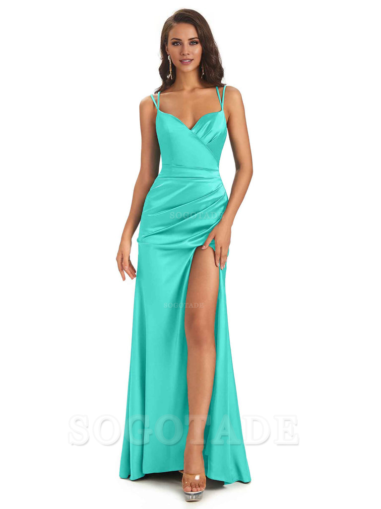 Sexy Soft Satin Side Slit Spaghetti Straps Long Maxi Mermaid Bridesmaid Dresses Elegant Evening Party Dress