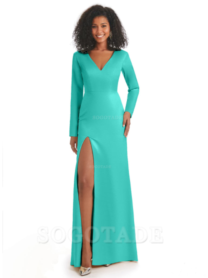 Soft Satin Side Slit Long Sleeves V-Neck Long African Mermaid Bridesmaid Dresses Elegant Evening Party Dress