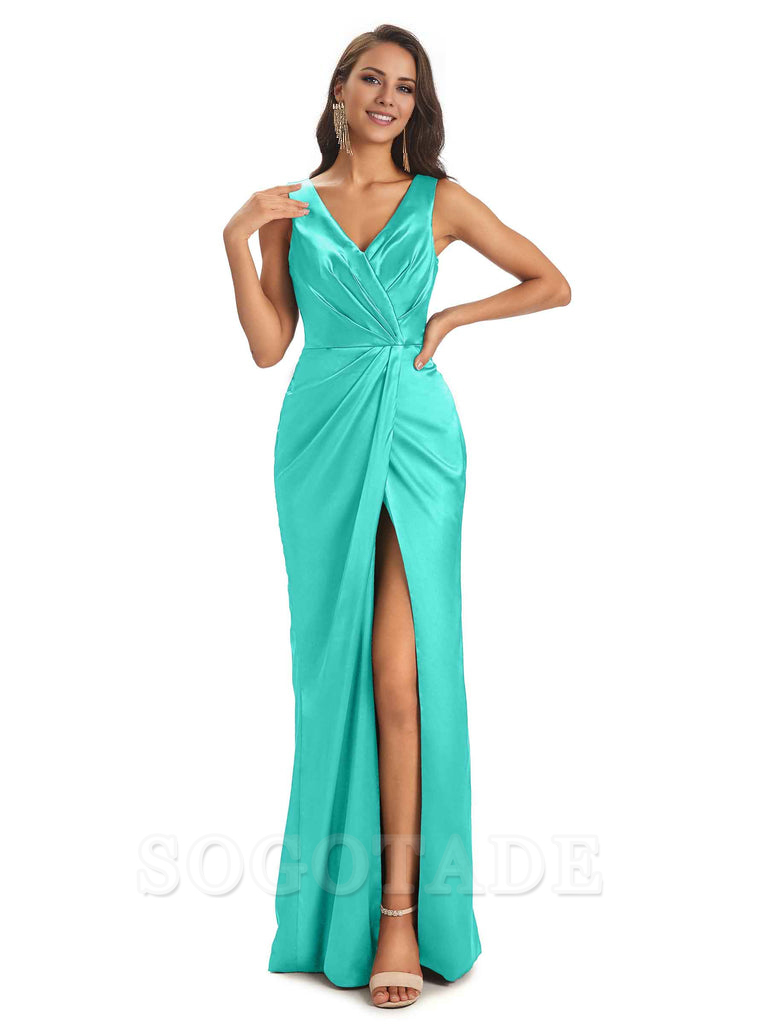 V-Neck Unique Long Satin Bridesmaid Dresses with Front Slit