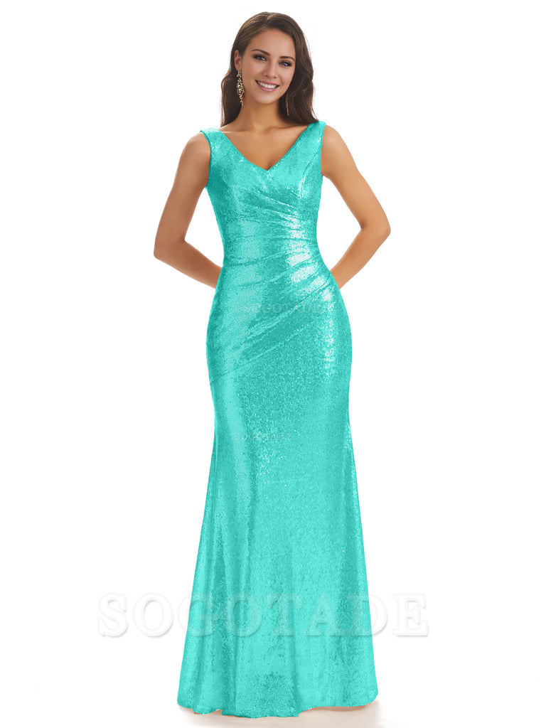 Sexy Sequin V-Neck Sparkly Long Mermaid Bridesmaid Dresses Charming Evening Party Dress