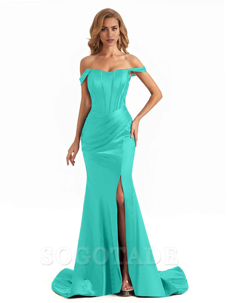 Sexy Long Mermaid Bridesmaid Dresses Off The Shoulder with Side Slit Satin Elegant Evening Party Dress 