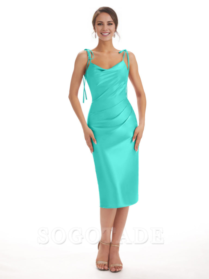 Tea Length Midi Short Bridesmaid Dresses Spaghetti Straps Satin Elegant Evening Party Dress