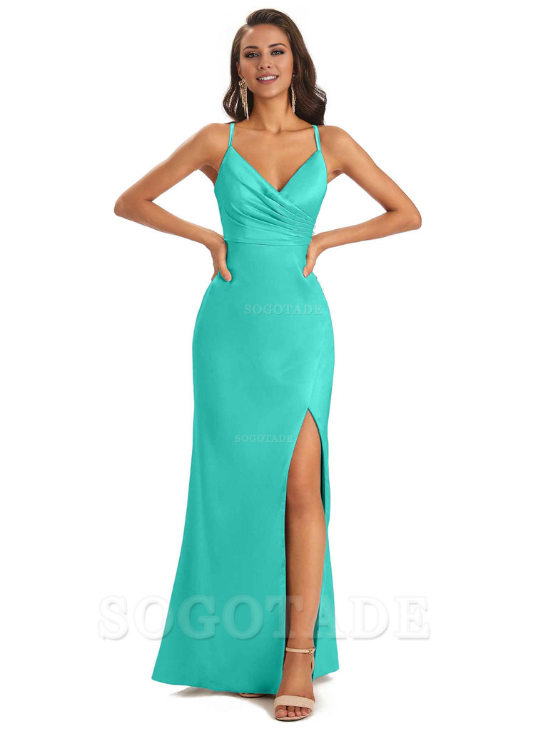 Soft Satin Side Slit Spaghetti Straps Long Unique Mermaid Bridesmaid Dresses Elegant Evening Party Dress