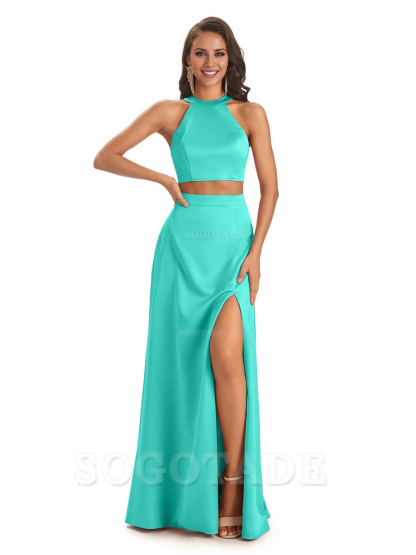 Soft Satin Two-Pieces Halter Side Slit Sexy Fashion Bridesmaid Dresses Charming Evening Party Dress