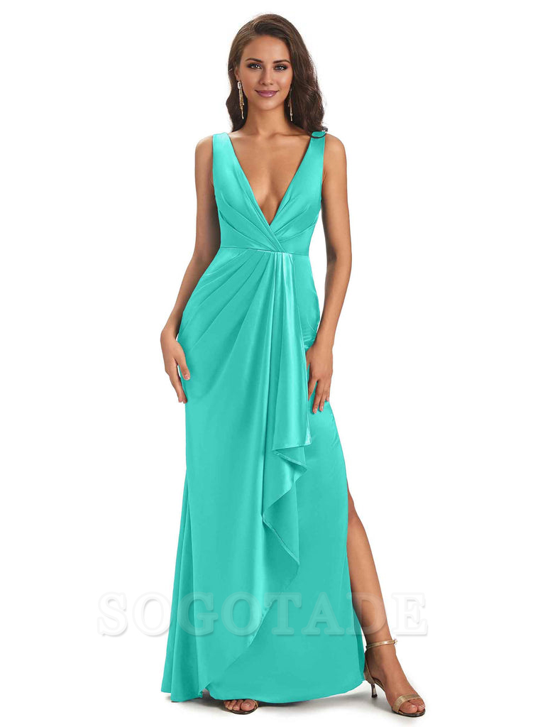 Sexy Satin V-Neck Floor-Length Long Bridesmaid Dresses with Side Slit Elegant Evening Party Dress
