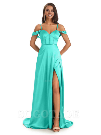 Stylish Soft Satin Side Slit Spaghetti Straps Bridesmaid Dresses Elegant Evening Party Dress