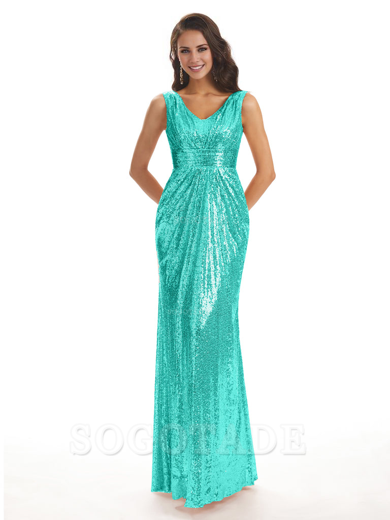 Sparkly V-Neck Sequin Long Mermaid Bridesmaid Dresses Sleeveless Charming Evening Party Dress