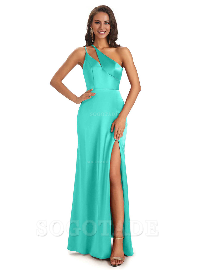 Sexy Soft Satin Side Slit One Shoulder Floor-Length Mermaid Long Bridesmaid Dresses Elegant Evening Party Dress