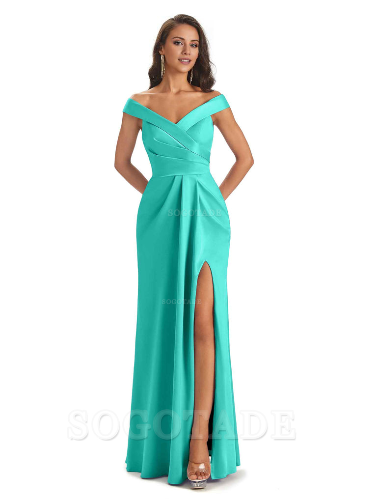 Sexy Soft Side Slit Off Shoulder V-Neck Long Satin Ladies Bridesmaid Dresses Elegant Evening Party Dress