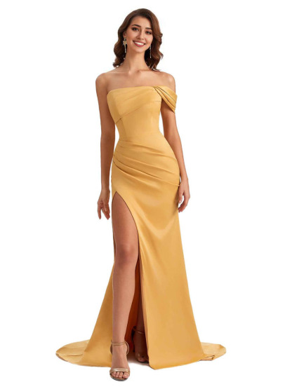 Unique One Shoulder Side Slit Satin Long Formal Dresses For Bridesmaid Dresses