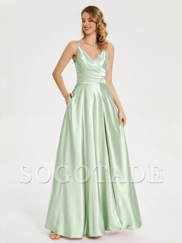 V-neck soft satin side slit bridesmaid dress
