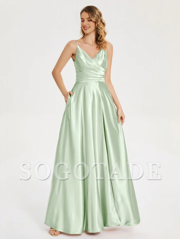 V-neck soft satin side slit bridesmaid dress