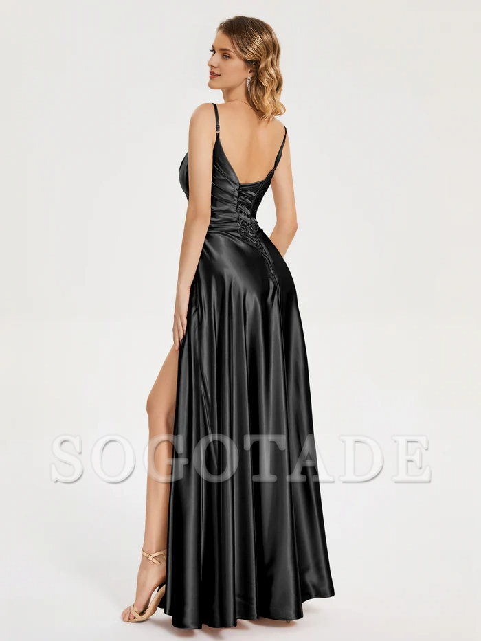 V-neck soft satin side slit bridesmaid dress