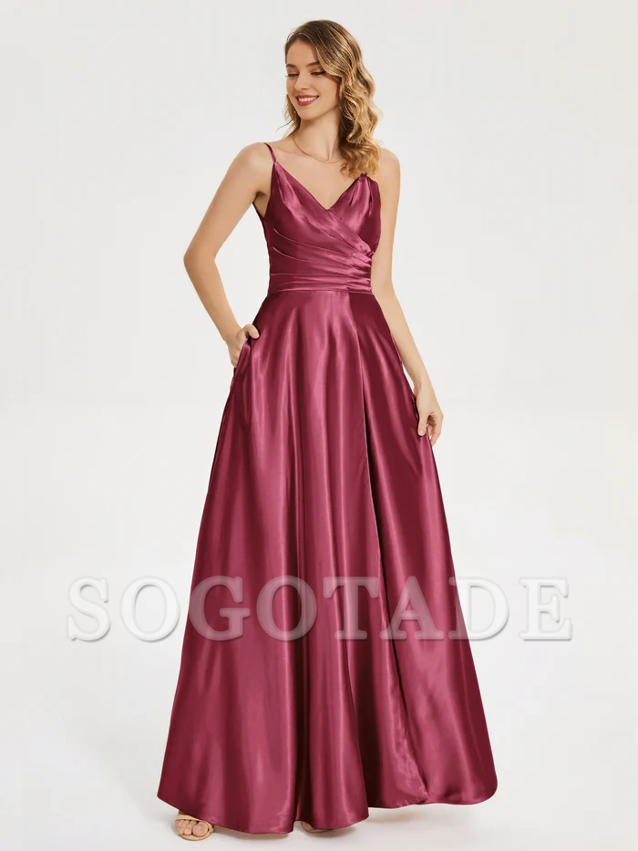 V-neck soft satin side slit bridesmaid dress