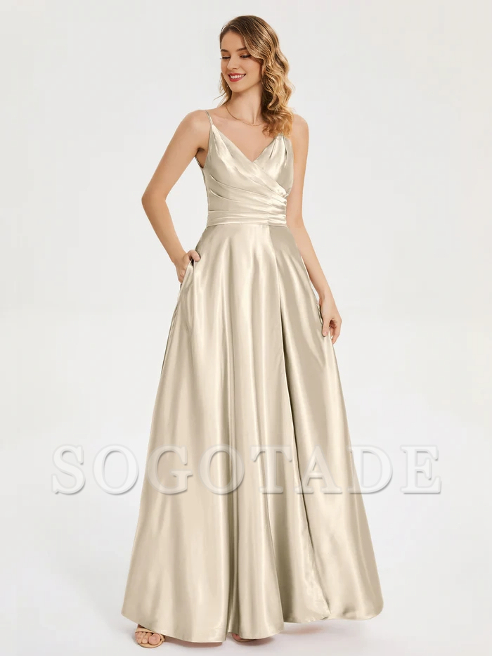 V-neck soft satin side slit bridesmaid dress