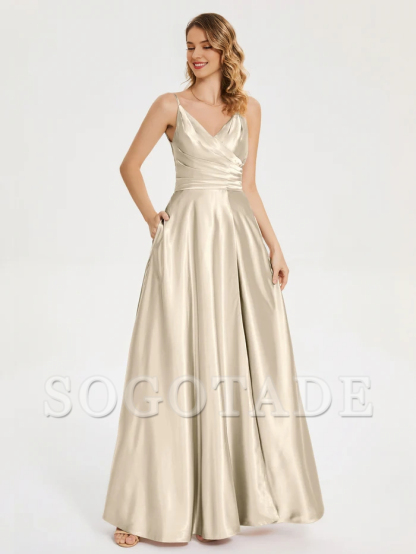 V-neck soft satin side slit bridesmaid dress