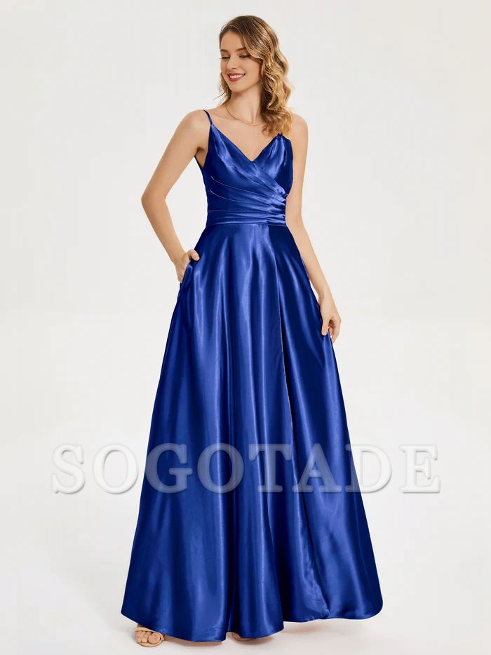 V-neck soft satin side slit bridesmaid dress