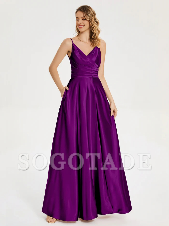 V-neck soft satin side slit bridesmaid dress