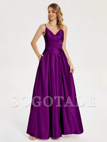 V-neck soft satin side slit bridesmaid dress