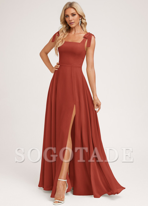 A-shaped square bow landing chiffon bridesmaid dress