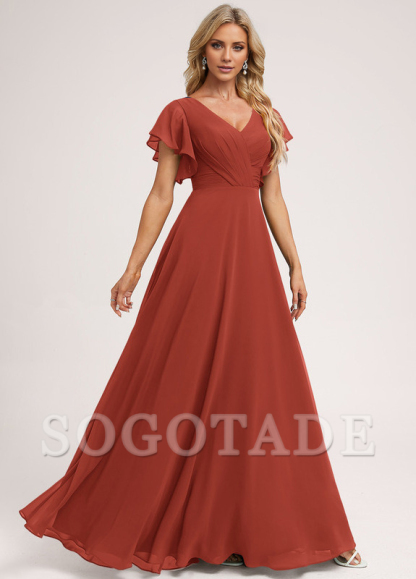 Ruffle A-line V-neck and floor chiffon bridesmaid dress