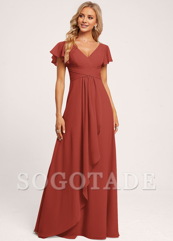 Ruffle A-line V-neck and floor chiffon bridesmaid dress