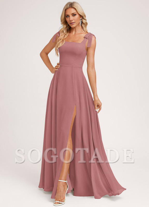 A-shaped square bow landing chiffon bridesmaid dress
