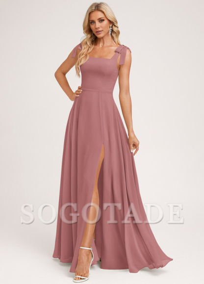 A-shaped square bow landing chiffon bridesmaid dress