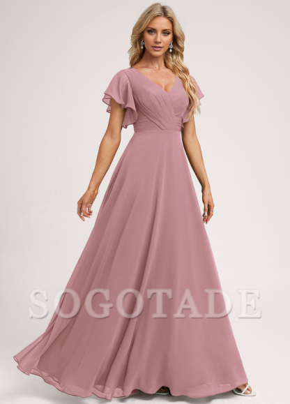 Ruffle A-line V-neck and floor chiffon bridesmaid dress